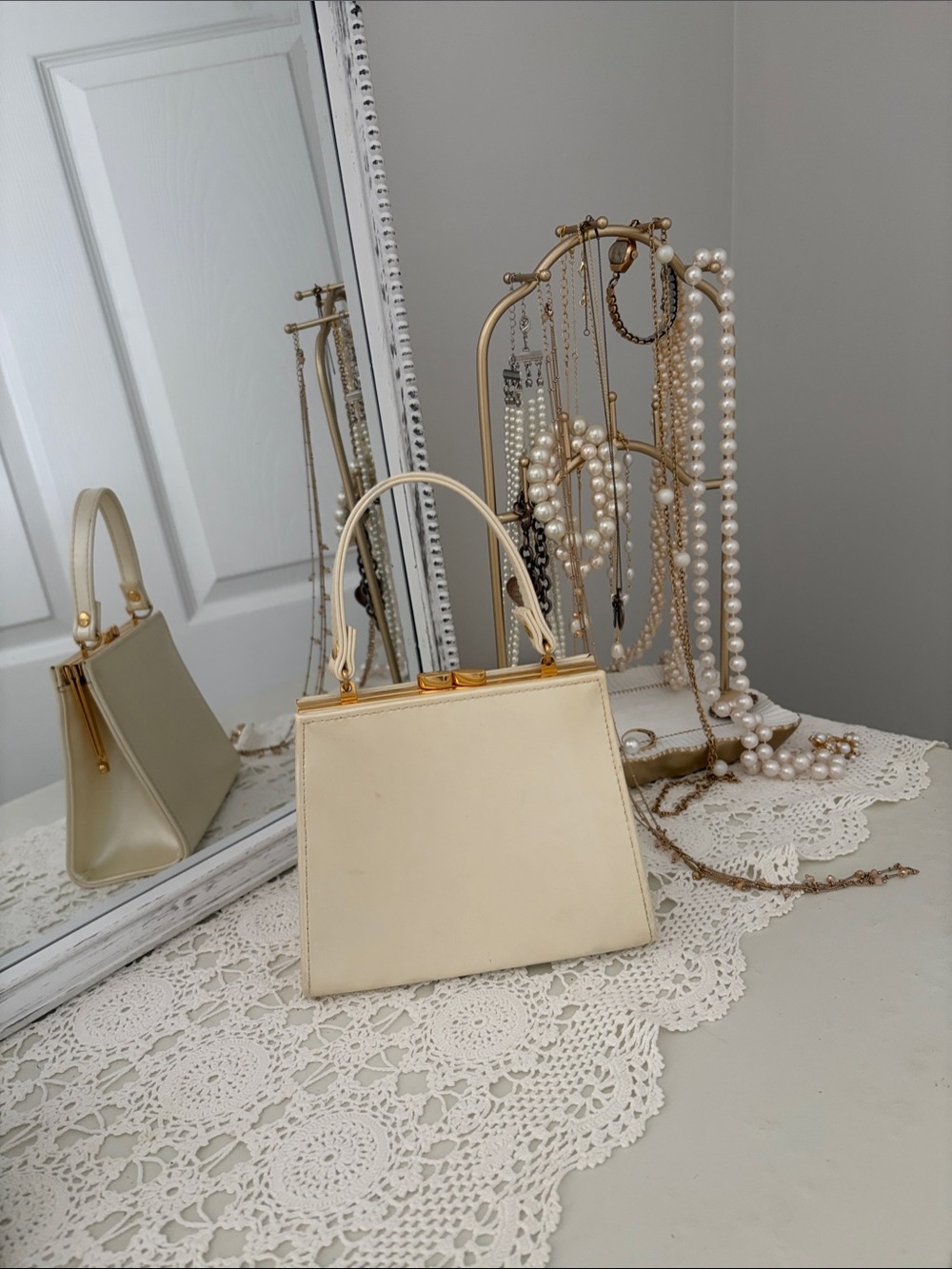 VINTAGE Cream Structured Mini Top-Handle Bag with Gold Accents